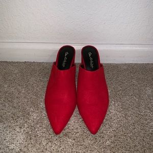 NEVER WORN red high heeled mules